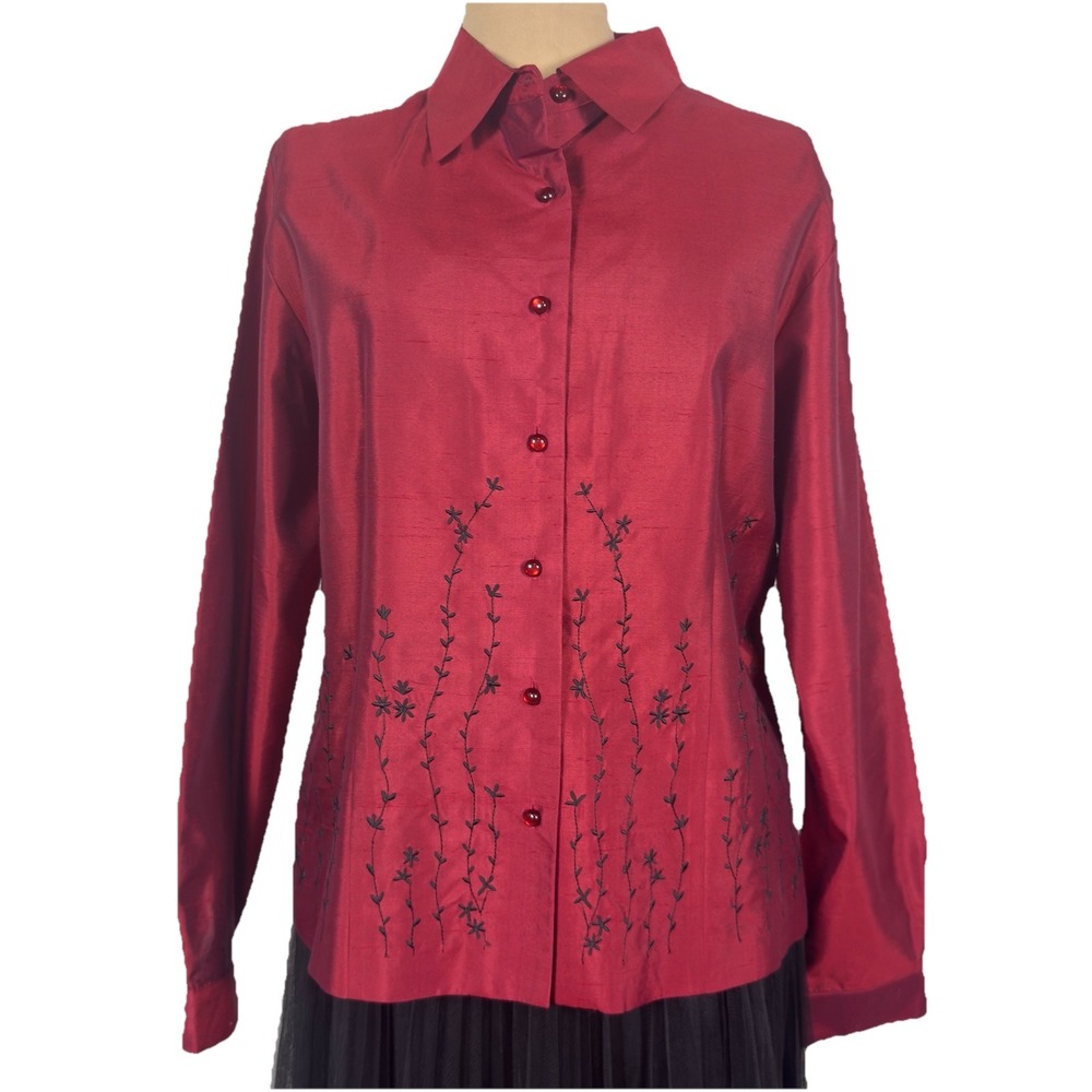 Vtg NWT Dress Barn 100% Silk Red‎ Embroidered Blouse Shirt Fairy Size L  READ